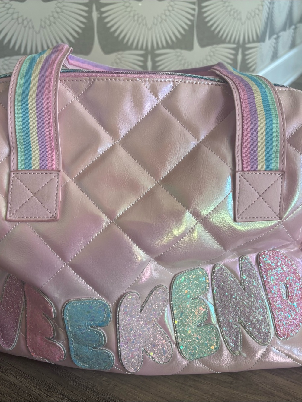 Pink Quilted Weekend Bag with Rainbow Straps